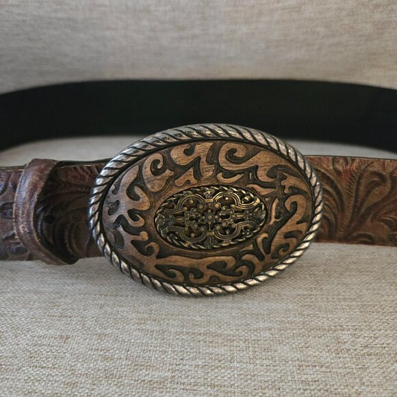Vintage Sandy Duftler Belt Size Small Made In USA Genuine Leather Brown Floral - Picture 3 of 7